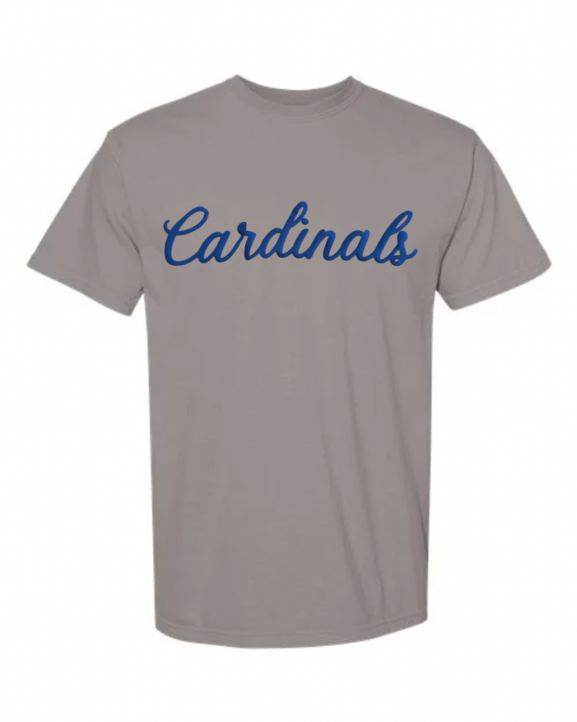BLUE CURSIVE CARDINALS -GREY TEE (YOUTH + ADULT)