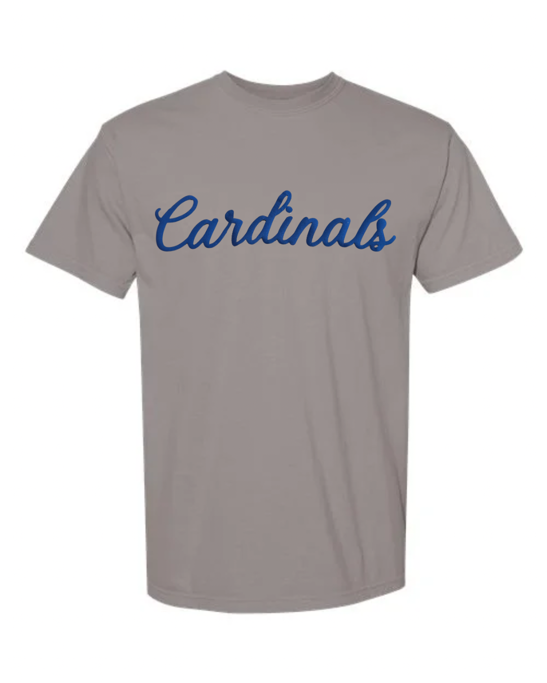 BLUE CURSIVE CARDINALS -GREY TEE (YOUTH + ADULT)