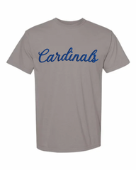 BLUE CURSIVE CARDINALS -GREY TEE (YOUTH + ADULT)