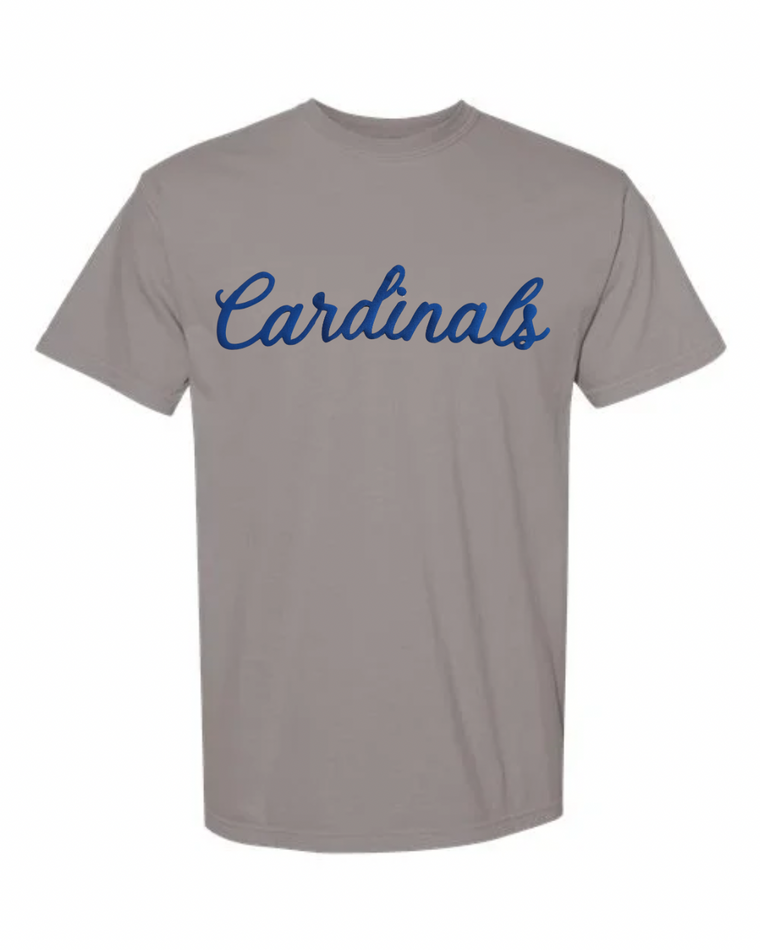 BLUE CURSIVE CARDINALS -GREY TEE (YOUTH + ADULT)