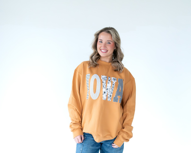 PATCHWORK IOWA - MUSTARD CREWNECK