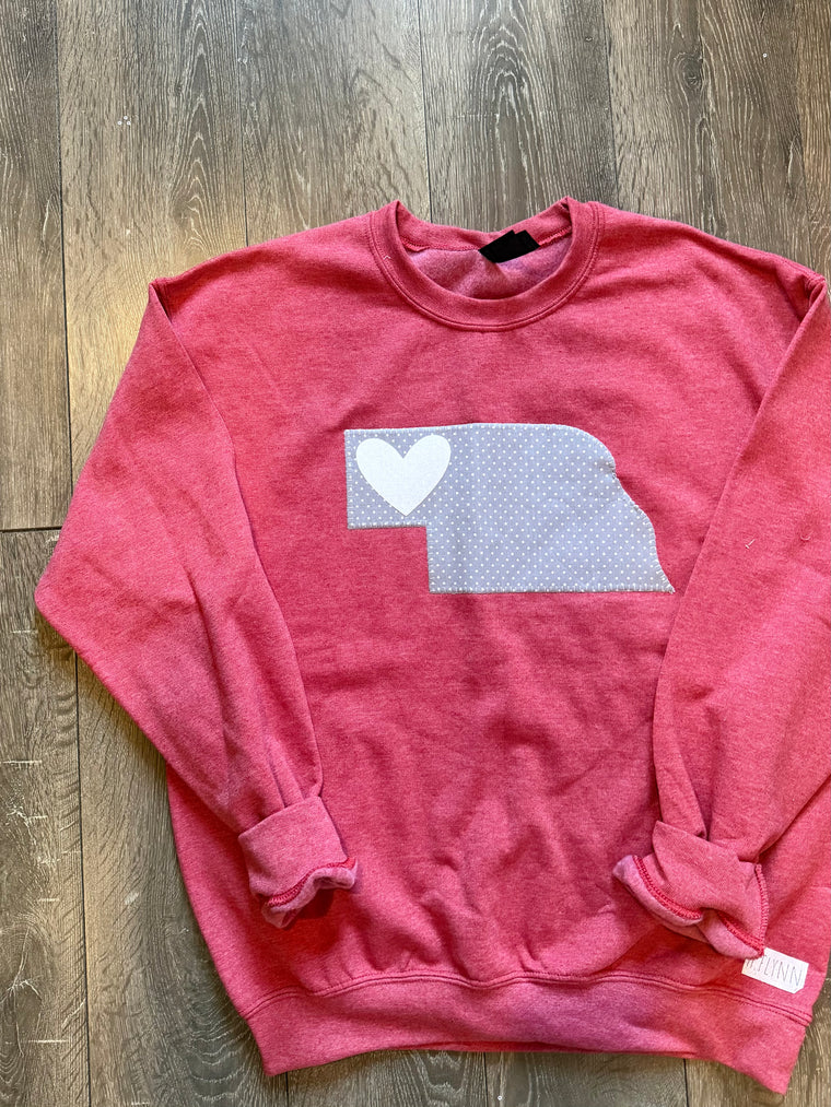 GREY/WHITE POLKA DOT STATE + WHITE HEART -  SCARLET CREWNECK