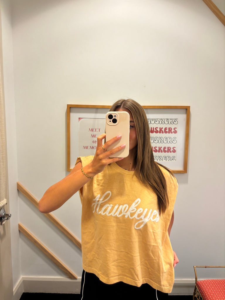 WHITE + BLACK TINY POLKA DOT HAWKEYES - MUSTARD MUSCLE TEE