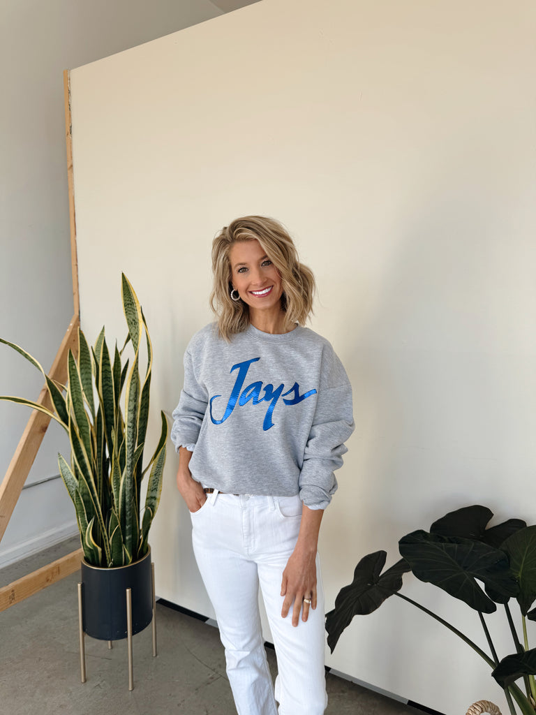 JAYS SCRIPT - GREY WOMENS FLEECE CREWNECK
