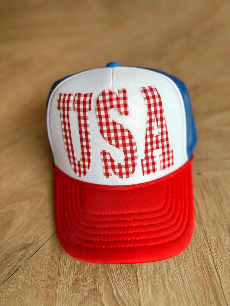 RED GINGHAM USA - RED/BLUE TRUCKER HAT