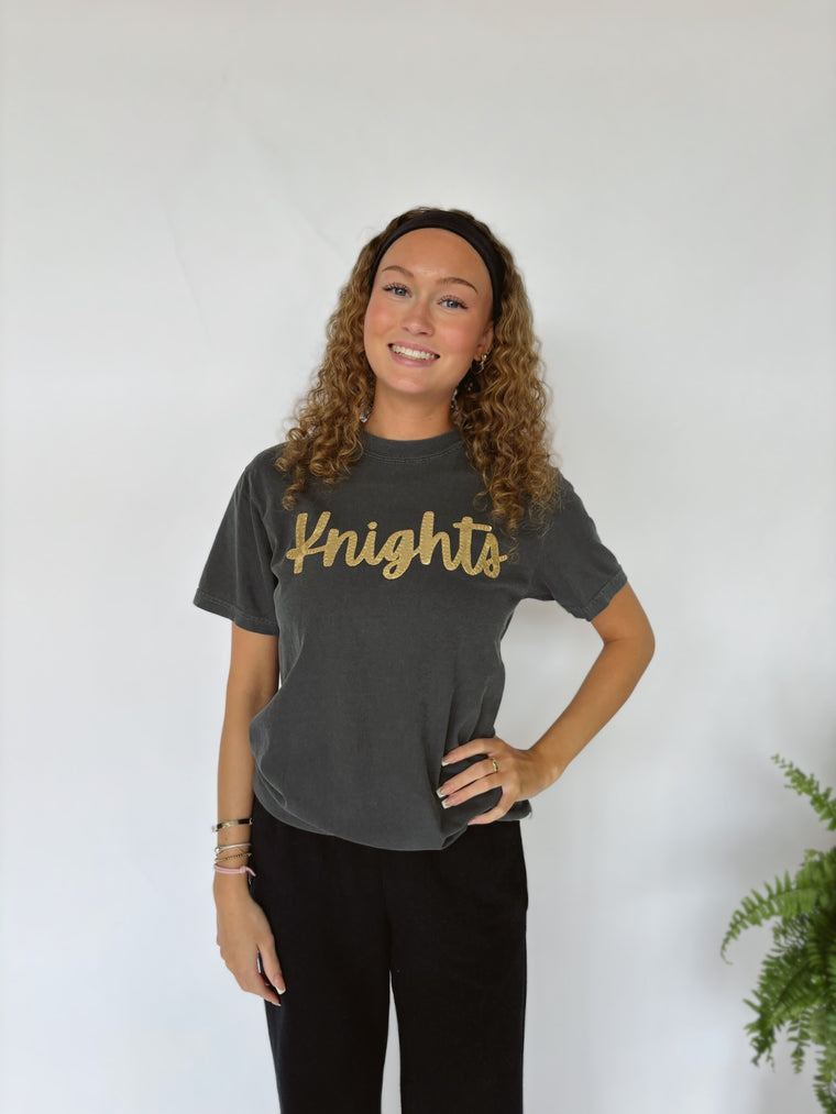 CURSIVE GOLD METALLIC KNIGHTS - CHARCOAL TEE