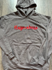 CURSIVE RED METALLIC HAYMAKERS - CHARCOAL HOODIE (YOUTH + ADULT)
