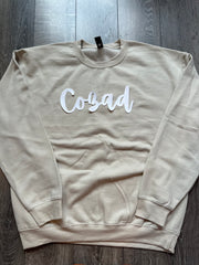 CURSIVE WHITE SPARKLE COZAD - SAND GILDAN CREWNECK