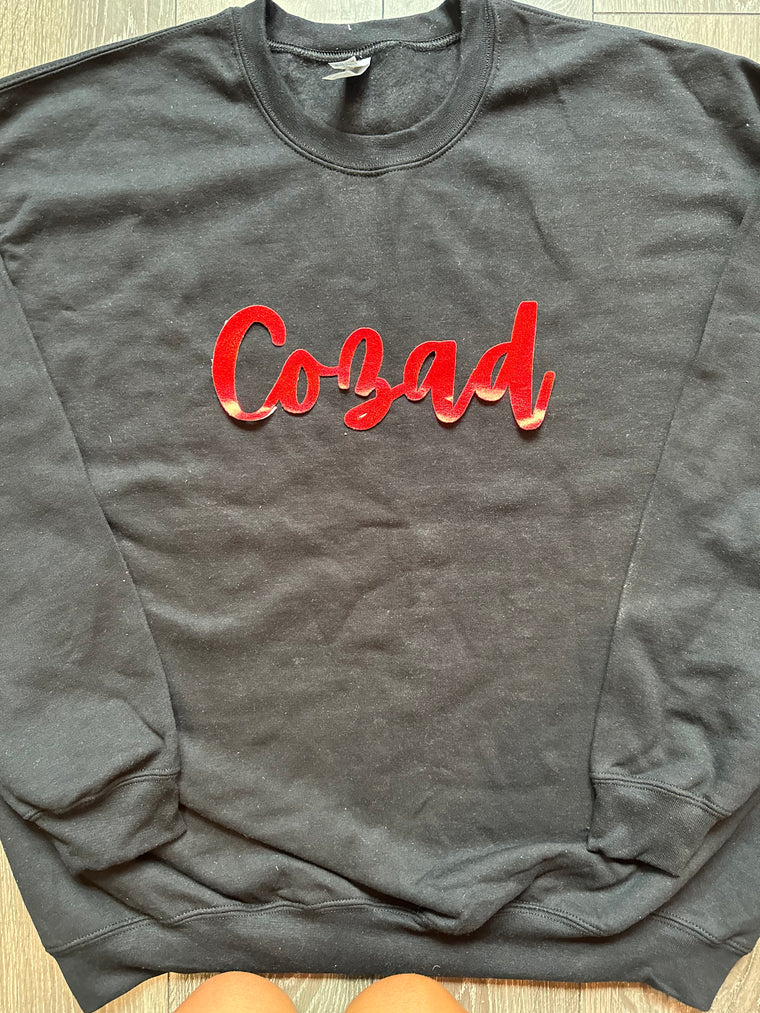 RED METALLIC CURSIVE COZAD - BLACK CREWNECK (YOUTH + ADULT)