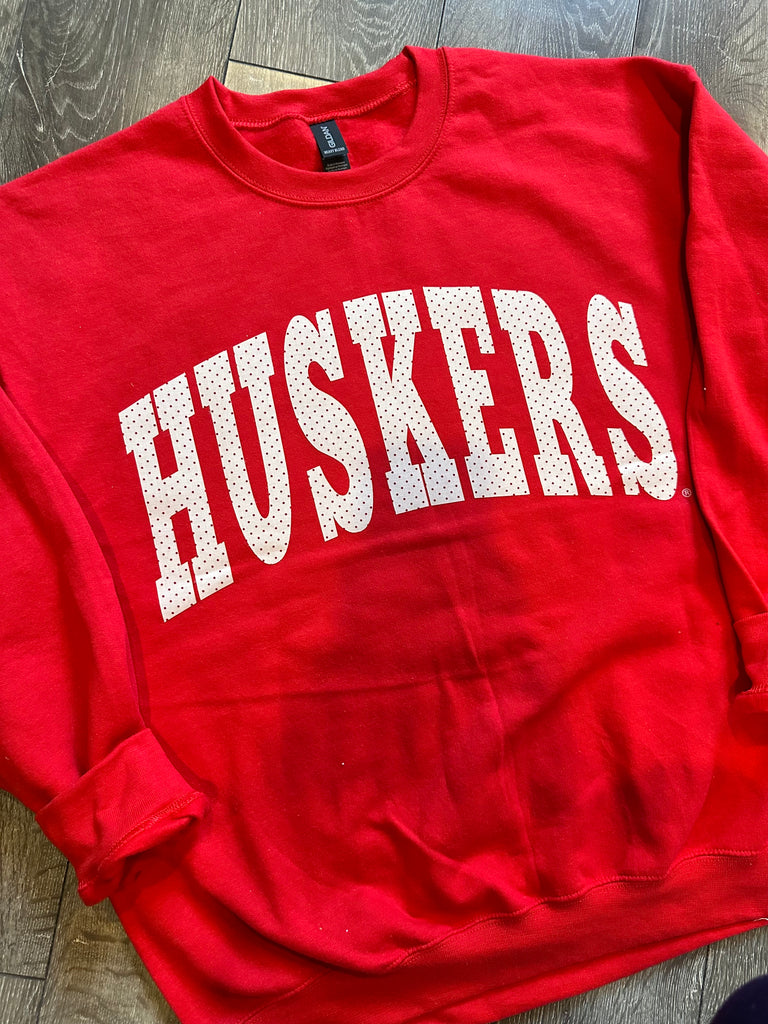 HUSKERS (ivory/red polka dot) -  RED CREWNECK