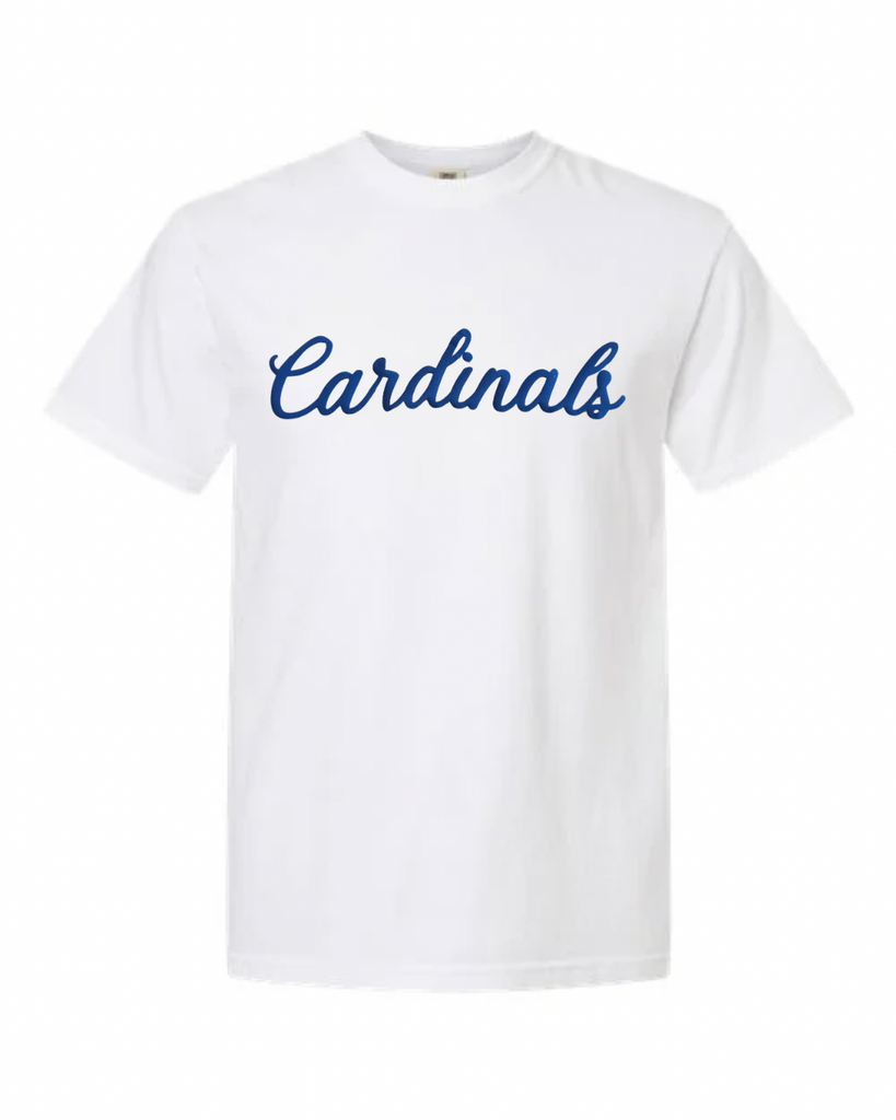 BLUE CURSIVE CARDINALS - WHITE TEE (YOUTH + ADULT)