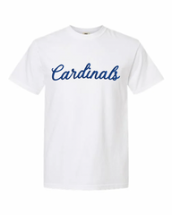 BLUE CURSIVE CARDINALS - WHITE TEE (YOUTH + ADULT)