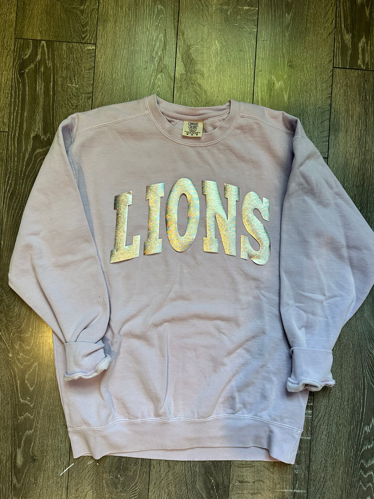 VARSITY SILVER METALLIC LIONS - ORCHID COMFORT COLORS CREWNECK