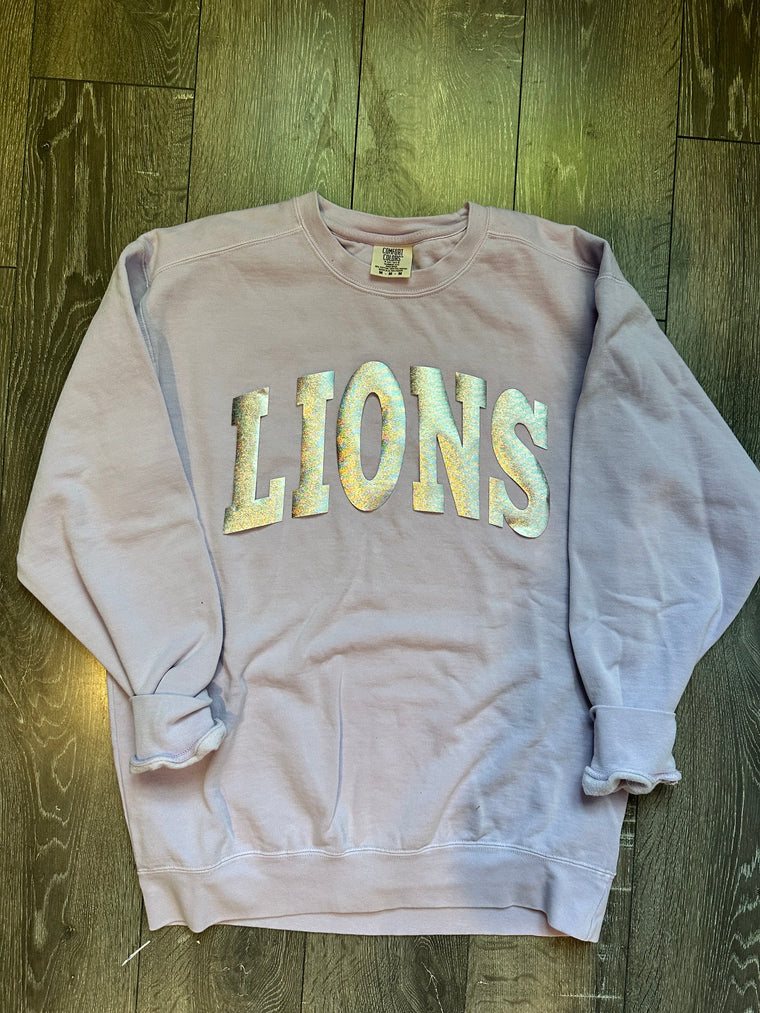VARSITY SILVER METALLIC LIONS - ORCHID COMFORT COLORS CREWNECK