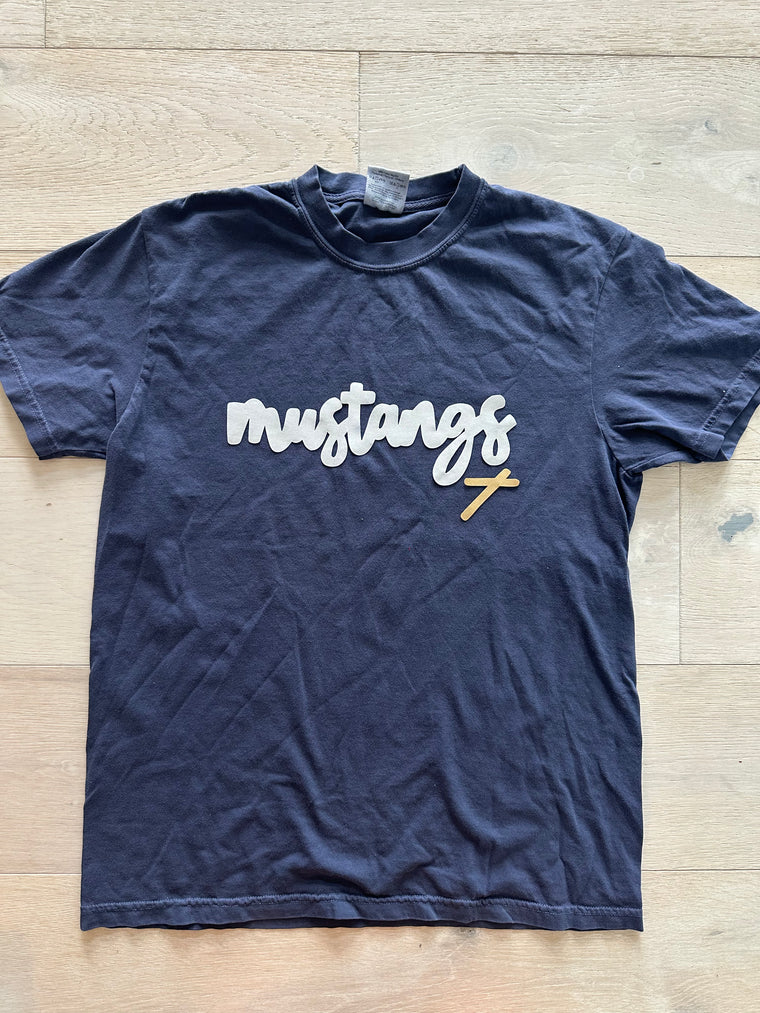 MODERN MUSTANGS  - NAVY COMFORT COLORS TEE (YOUTH + ADULT) *cross on front*