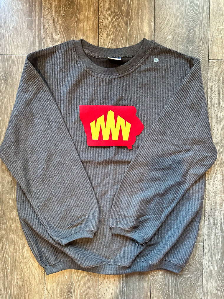RED STATE YELLOW WW - GREY RIBBED CREW