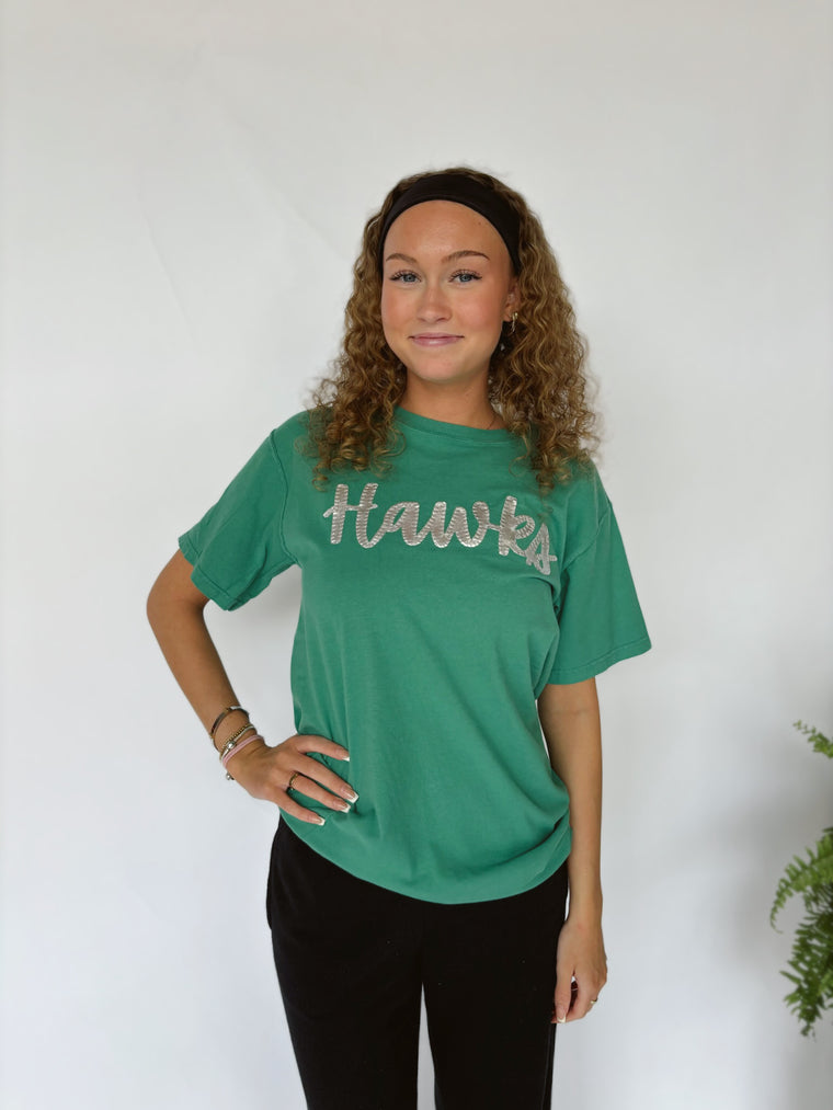 CURSIVE SILVER METALLIC HAWKS - GREEN TEE