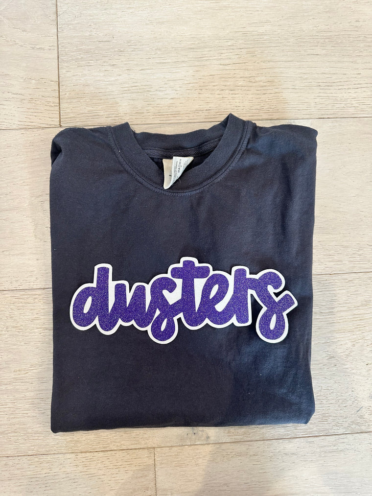 PURPLE SPARKLE/WHITE DUSTERS - BLACK COMFORT COLORS TEE - YOUTH + ADULT