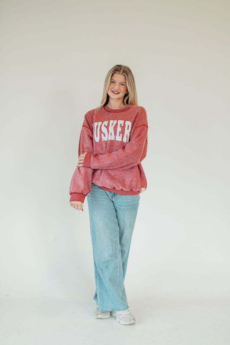 VARSITY WHITE HUSKERS - INSIDE OUT RED CREWNECK