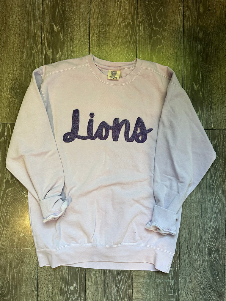 CURSIVE PURPLE SPARKLE LIONS - ORCHID COMFORT COLORS CREWNECK