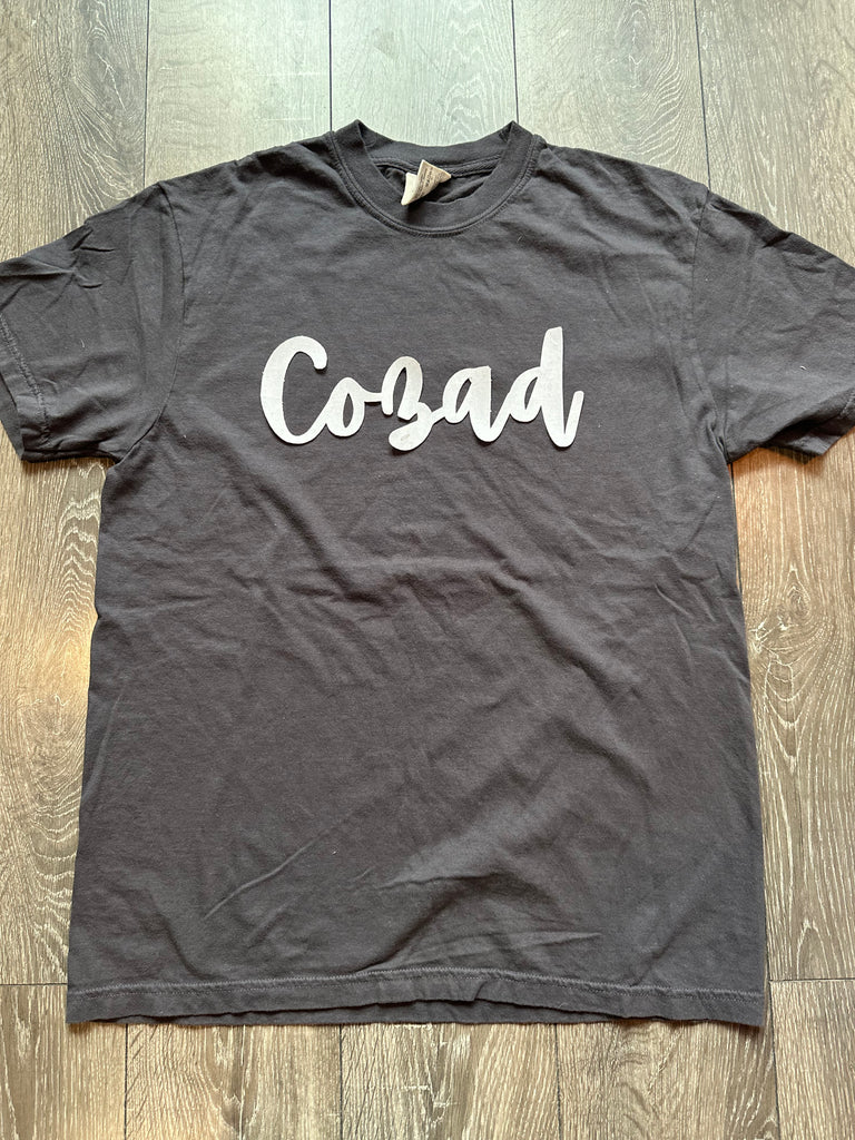 CURSIVE WHITE SPARKLE COZAD - GREY COMFORT COLORS TEE (YOUTH + ADULT)
