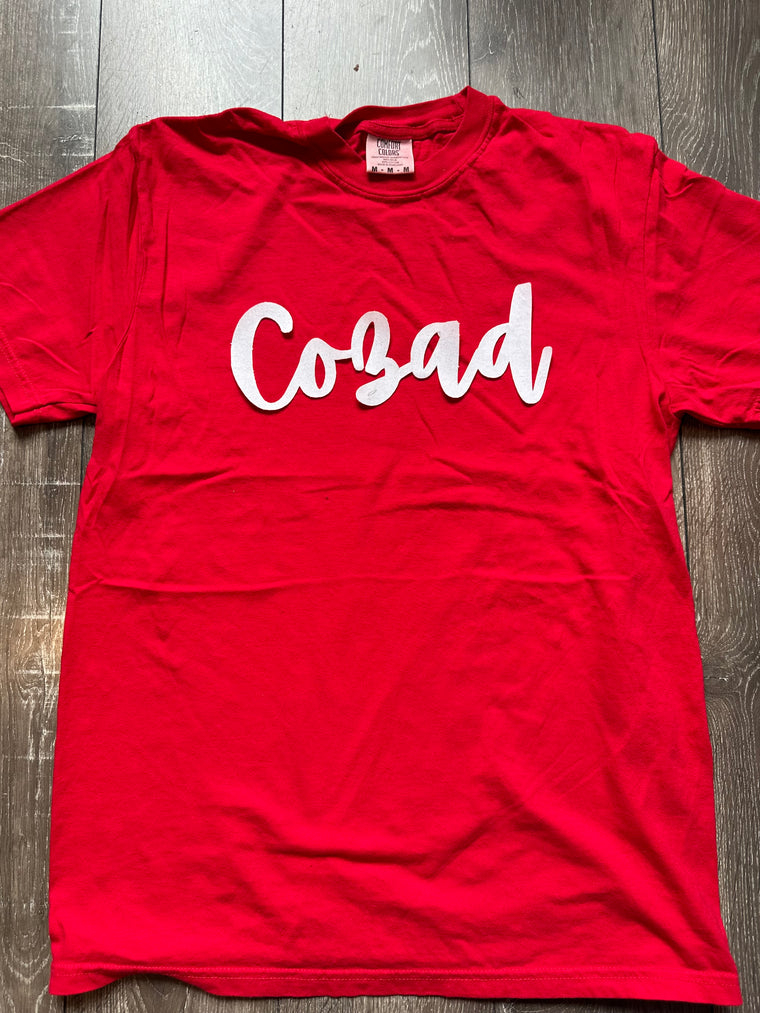 CURSIVE WHITE SPARKLE COZAD - RED COMFORT COLORS TEE (YOUTH + ADULT)