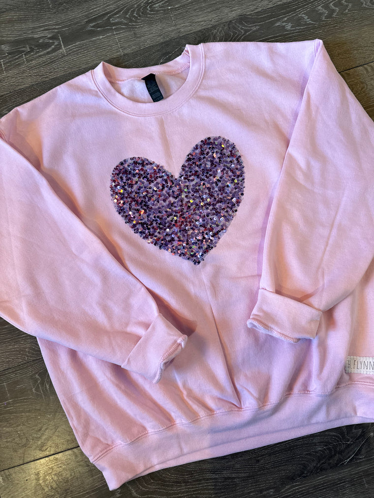 PURPLE SEQUIN HEART - LIGHT PINK CREW (TODDLER + ADULT)