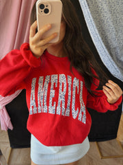 BLUE FLORAL AMERICA - RED GILDAN CREWNECK