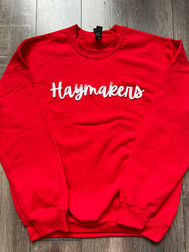 CURSIVE WHITE SPARKLE HAYMAKERS - RED GILDAN CREWNECK (YOUTH + ADULT)