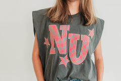 RED GINGHAM STAR NU - CHARCOAL MUSCLE TEE