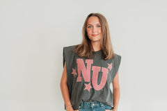 RED GINGHAM STAR NU - CHARCOAL MUSCLE TEE