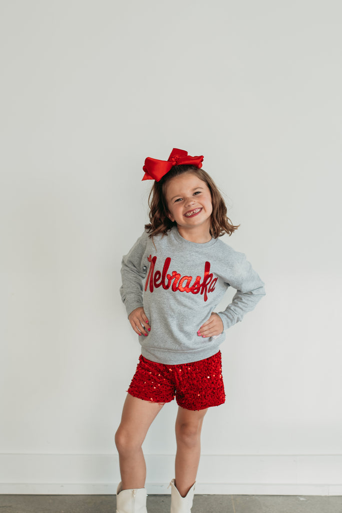 VINTAGE RED METALLIC NEBRASKA - ASH GREY CREW (TODDLER + YOUTH + ADULT)