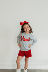 VINTAGE RED METALLIC NEBRASKA - ASH GREY CREW (TODDLER + YOUTH + ADULT)