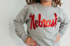 VINTAGE RED METALLIC NEBRASKA - ASH GREY CREW (TODDLER + YOUTH + ADULT)