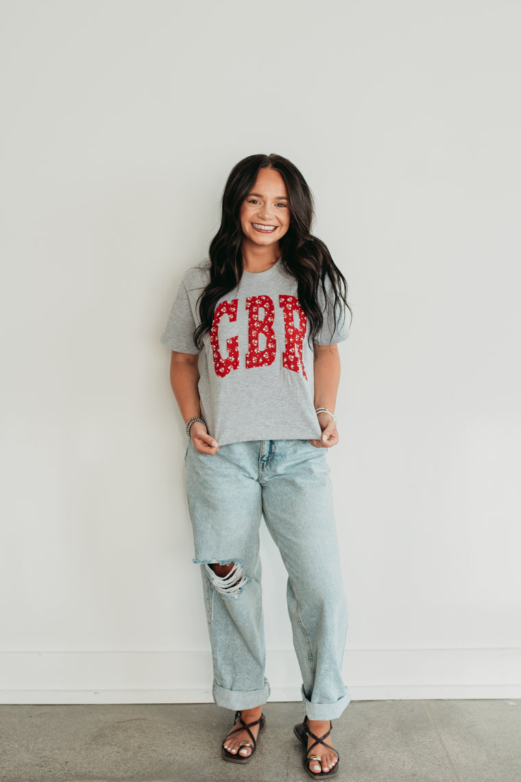 RED DAINTY FLORAL GBR  - GREY NEXT LEVEL CROP TEE