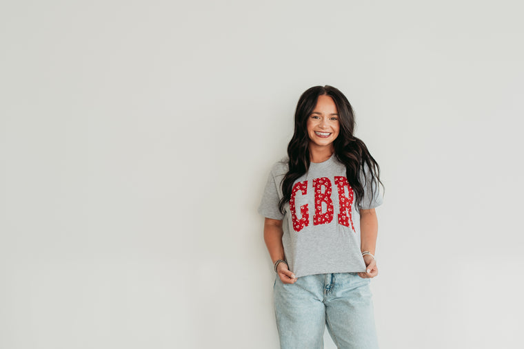 RED DAINTY FLORAL GBR  - GREY NEXT LEVEL CROP TEE