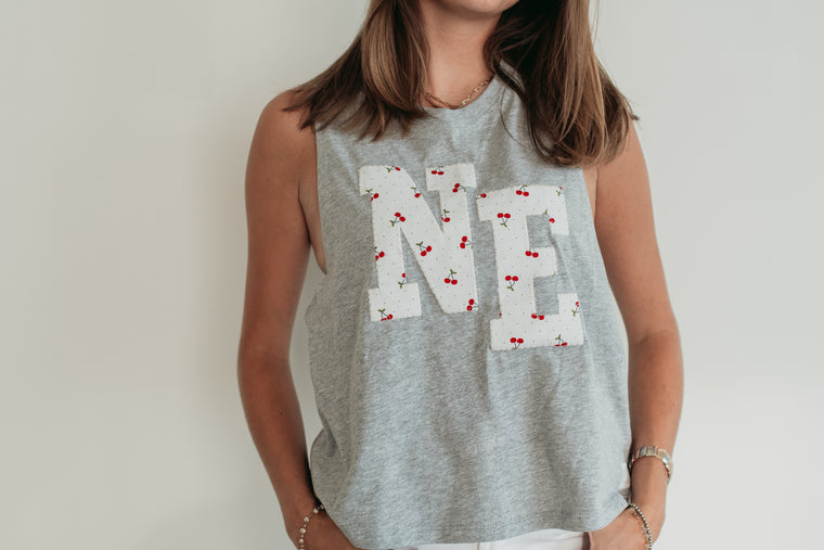 VARSITY CHERRY NE - GREY CROP RACERBACK TANK (CROP + FULL LENGTH)