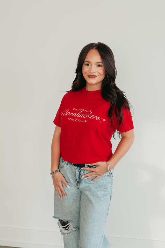 EMBROIDERED THE GOOD LIFE CORNHUSKERS  - RED TEE