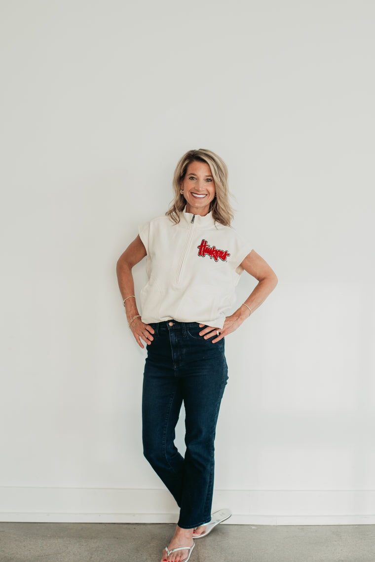 HUSKERS CHENILLE PATCH - IVORY FRENCH TERRY HALF ZIP
