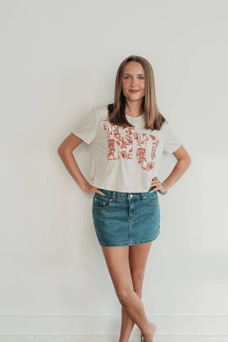 VARSITY RED FLORAL NU  - HEATHER DUST CROP TEE