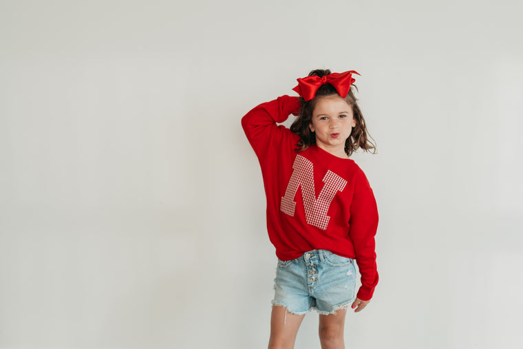 RED GINGHAM N - RED CREWNECK (TODDLER + YOUTH + ADULT)