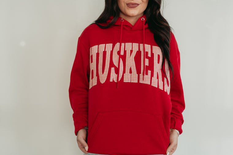 VARSITY RED HOUNDSTOOTH HUSKERS - RED HOODIE