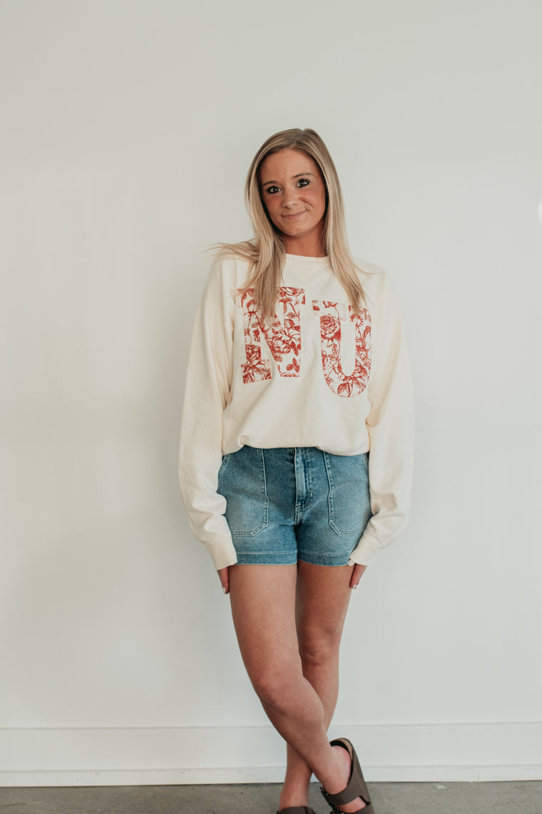 RED FLORAL NU - IVORY COMFORTWASH CREWNECK