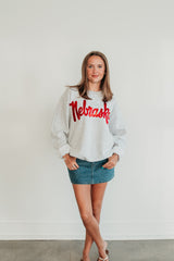 VINTAGE RED METALLIC NEBRASKA - ASH GREY CREW (TODDLER + YOUTH + ADULT)