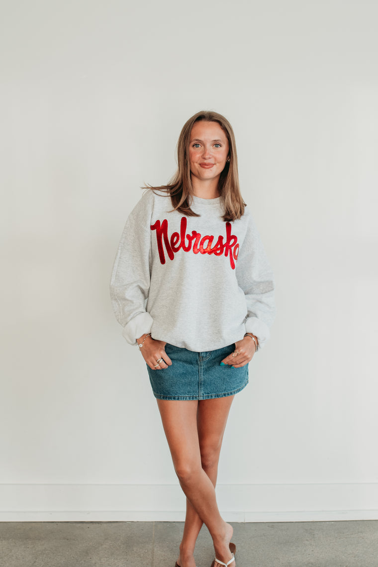 VINTAGE RED METALLIC NEBRASKA - ASH GREY CREW (TODDLER + YOUTH + ADULT)