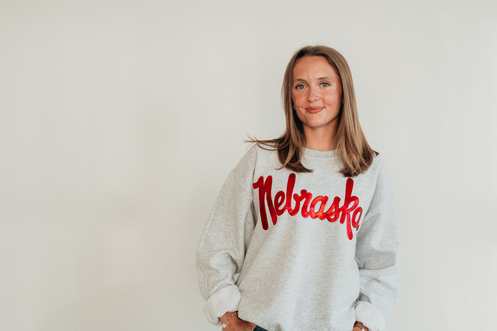 VINTAGE RED METALLIC NEBRASKA - ASH GREY CREW (TODDLER + YOUTH + ADULT)
