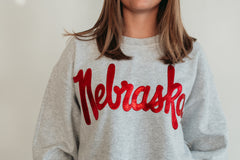 VINTAGE RED METALLIC NEBRASKA - ASH GREY CREW (TODDLER + YOUTH + ADULT)