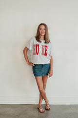 VARSITY PATCHWORK HUSKERS  - LIGHT GREY T-SHIRT