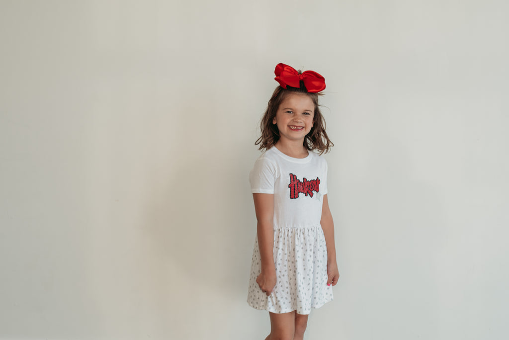 RED SPARKLE/BLACK SPARKLE HUSKERS W/ SILVER STAR - WHITE DOT DRESS (INFANT + TODDLER