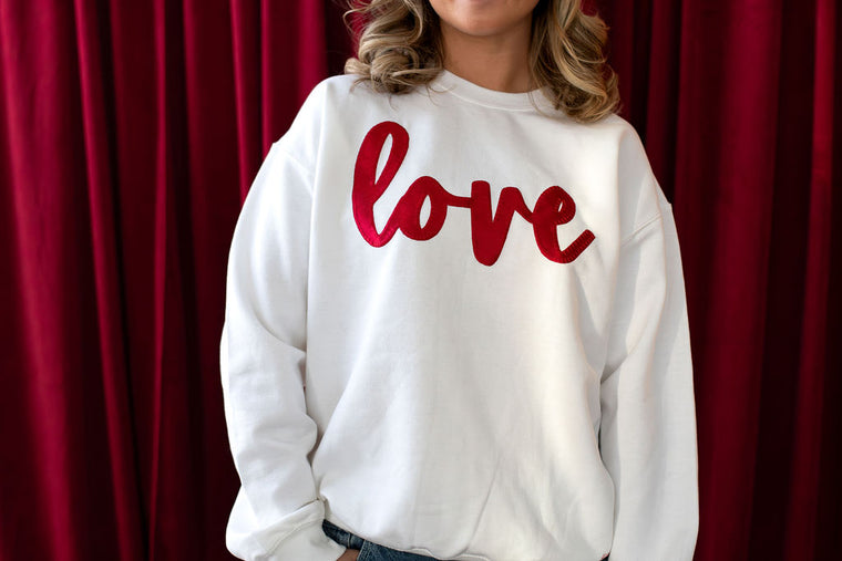 RED METALLIC CURSIVE LOVE - WHITE CREWNECK (TODDLER + YOUTH + ADULT)